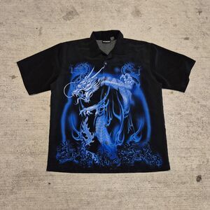 VTG Y2K C-Two Dragon Graphic Shirt Mens XL Black Blue Short Sleeve Button Up AOP